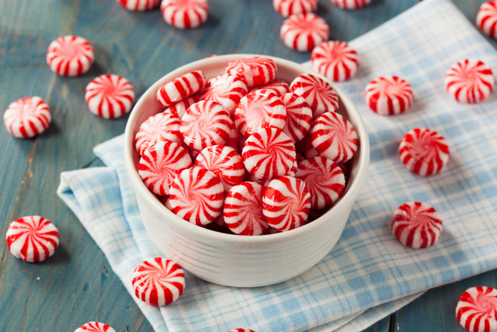peppermint candy canes on a bowl