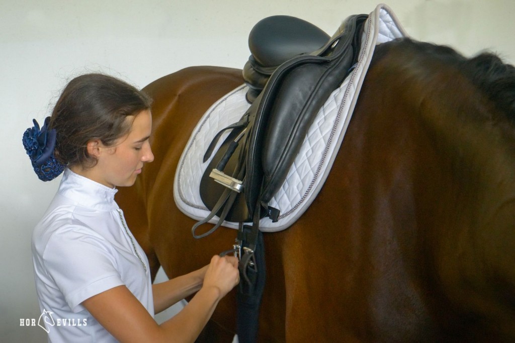 lady putting a dressage girth to the horse