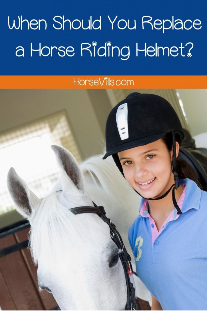 girl wearing a horse riding helmet with text, when to replace a riding helmet