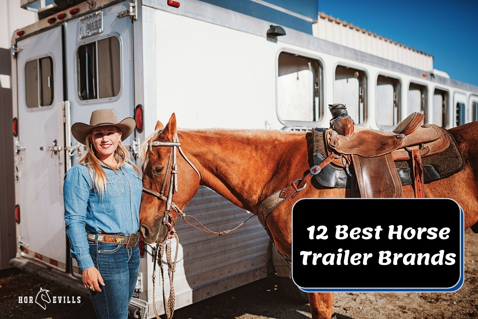 lady and her horse posing in front of the best horse trailers