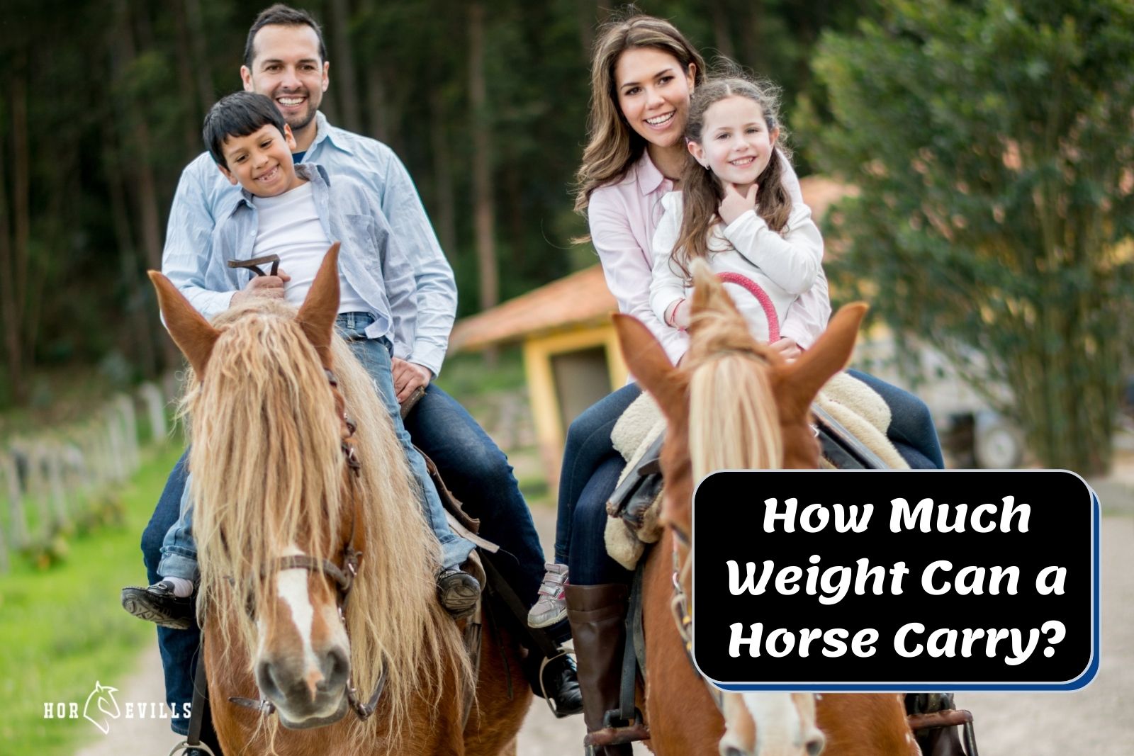 parents with kids riding a horse beside how much weight can a horse carry text