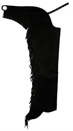 Equestrian Riding Adult Suede Leather Chaps with Fringe Down Each Leg and Concho on Back (Black, X-Small)